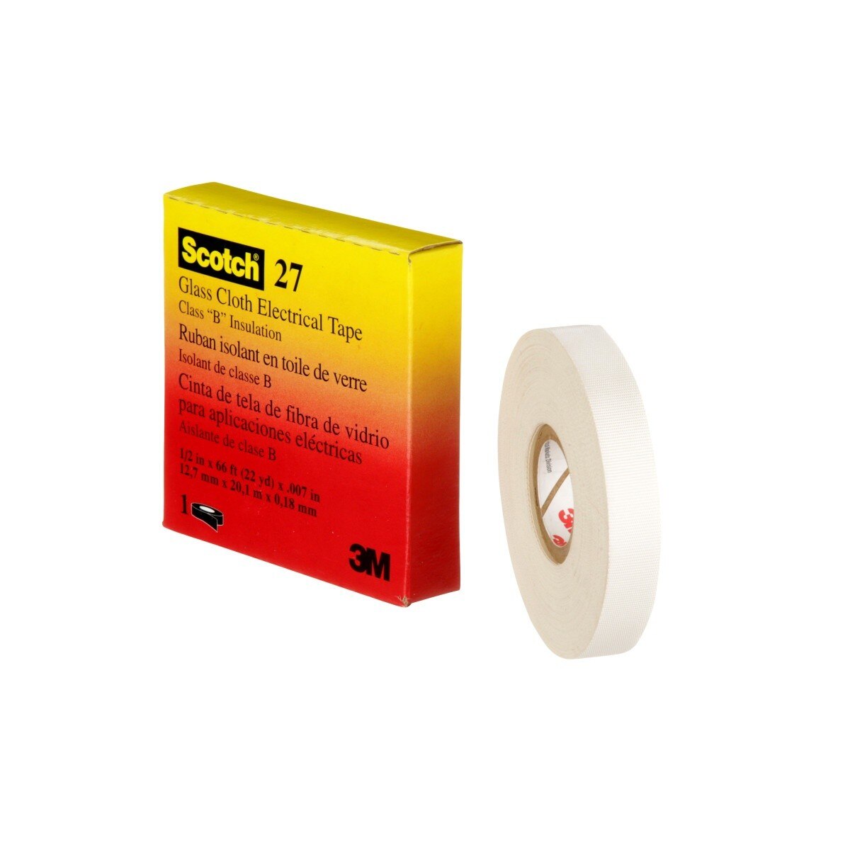 3M 27-1/2"X66' Scotch Glass Cloth Electrical Tape, 1/2 in x 66 ft, 7 mil, White, Rubber Adhesive, High Temperature (7000005814) - 3