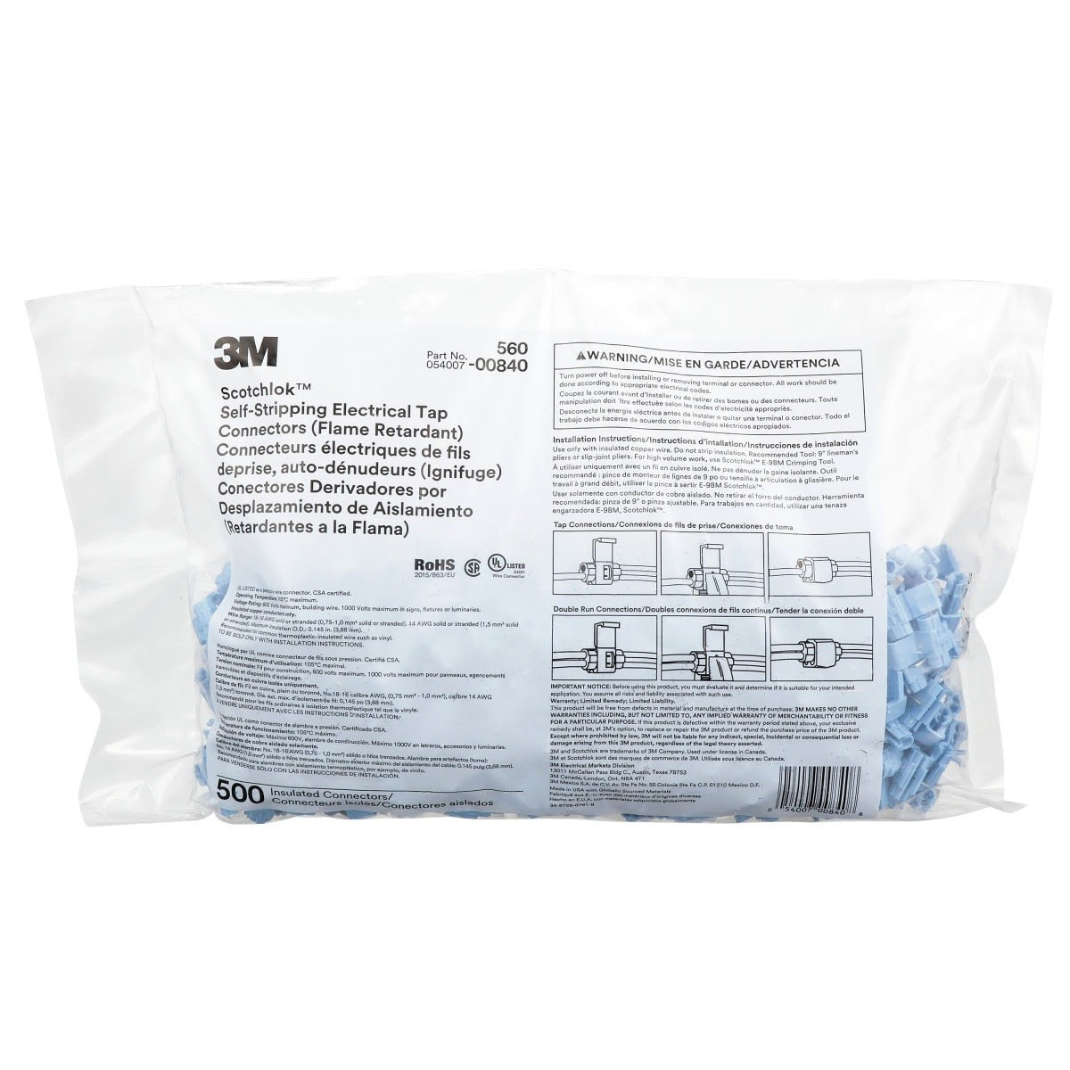 3M 560-BULK Scotchlok Electrical IDC, Light Blue, 18?16 AWG (solid/stranded), 14 AWG (stranded) (7000005878) (5000 Pack) - 7