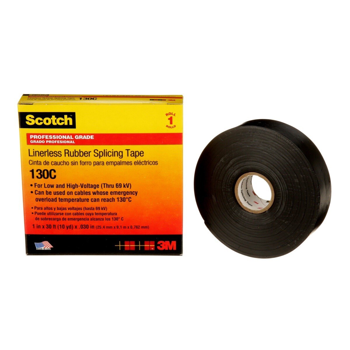 3M Scotch Linerless Rubber Splicing Tape 130C, Black, 1 in x 30 ft, 30 mil, Self Fusing, UV Resistant (130C-1X30FT) (7000006090) (24 Pack) - 3
