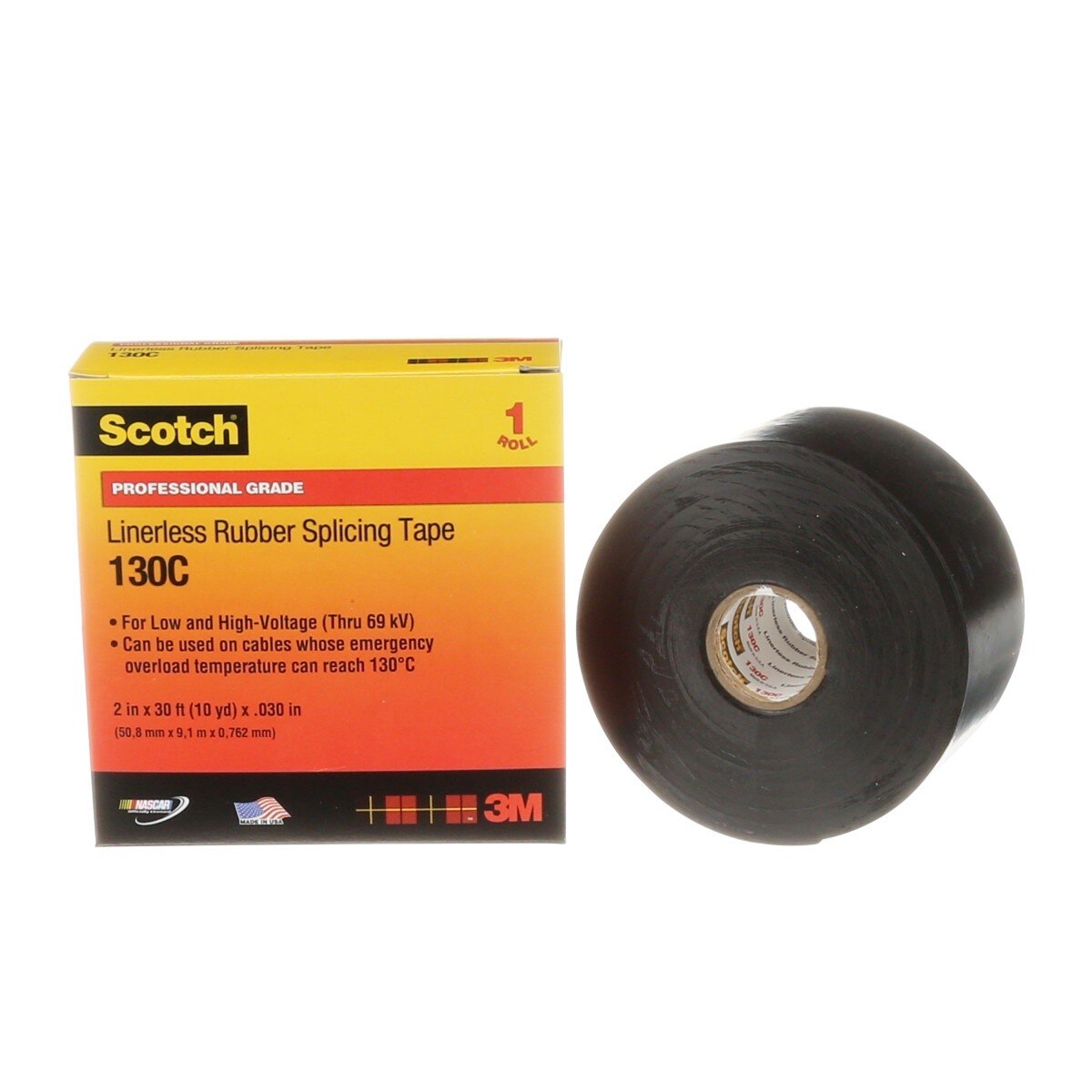 3M 7000006091 Linerless Rubber Splicing Tape 130C, 2 in. x 30 ft, Professional Grade (1 Roll) - 3