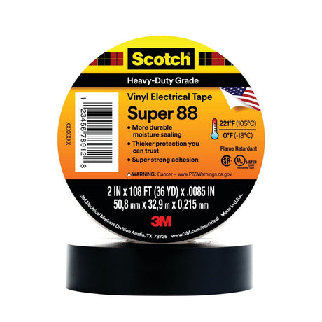 3M 88-2X36YD Scotch Vinyl Electrical Tape, Black, 2 in x 36 yd, Premium Grade, Rubber Resin Adhesive, PVC Backing (7000006093)