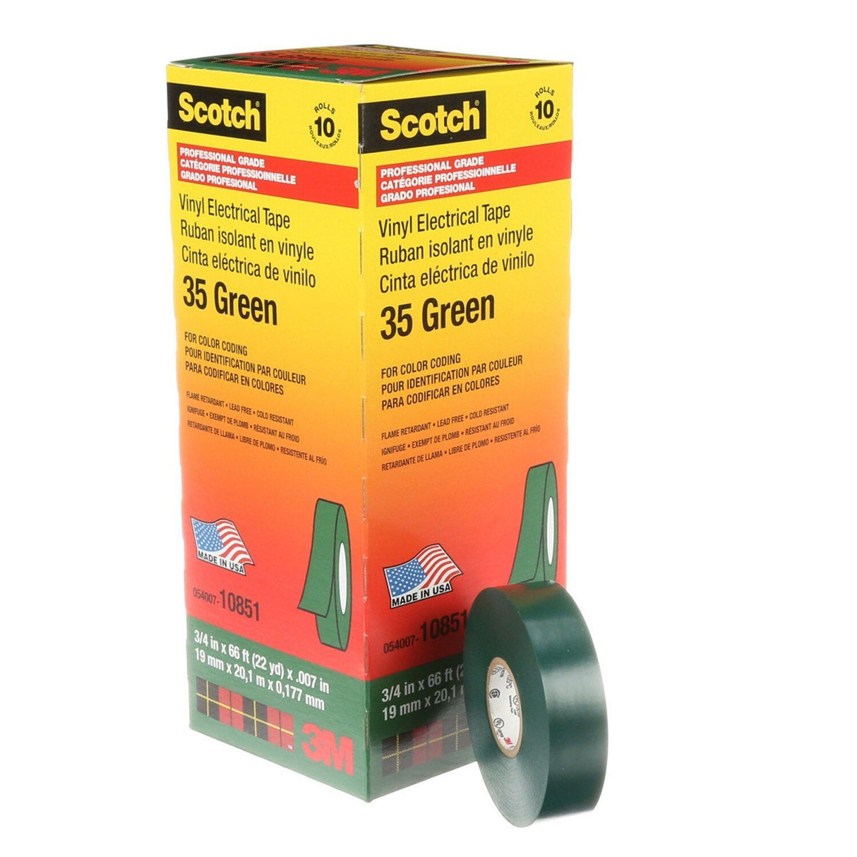 3M 35-3/4X66FT-GN Scotch Vinyl Color Coding Electrical Tape 35, Green, 3/4 in x 66 ft, 7 mil, Flame Retardant (7000006098) (10 Pack) - 4