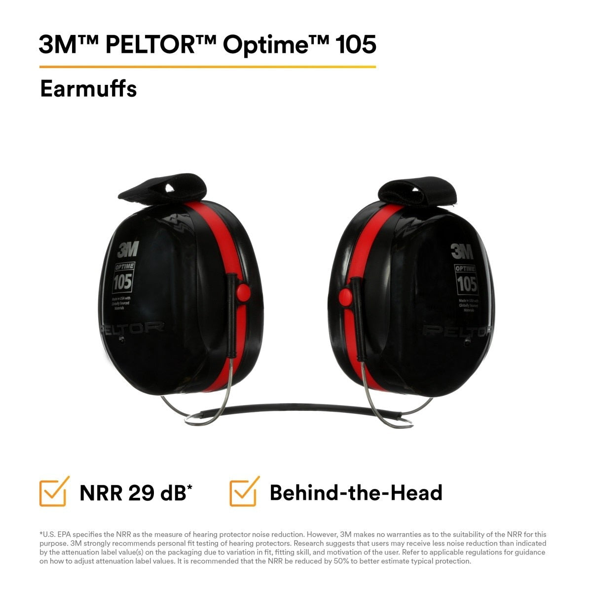 3M H10B PELTOR Optime 105 Behind-the-Head Earmuffs, 29 dB NRR (7000009664) - 5