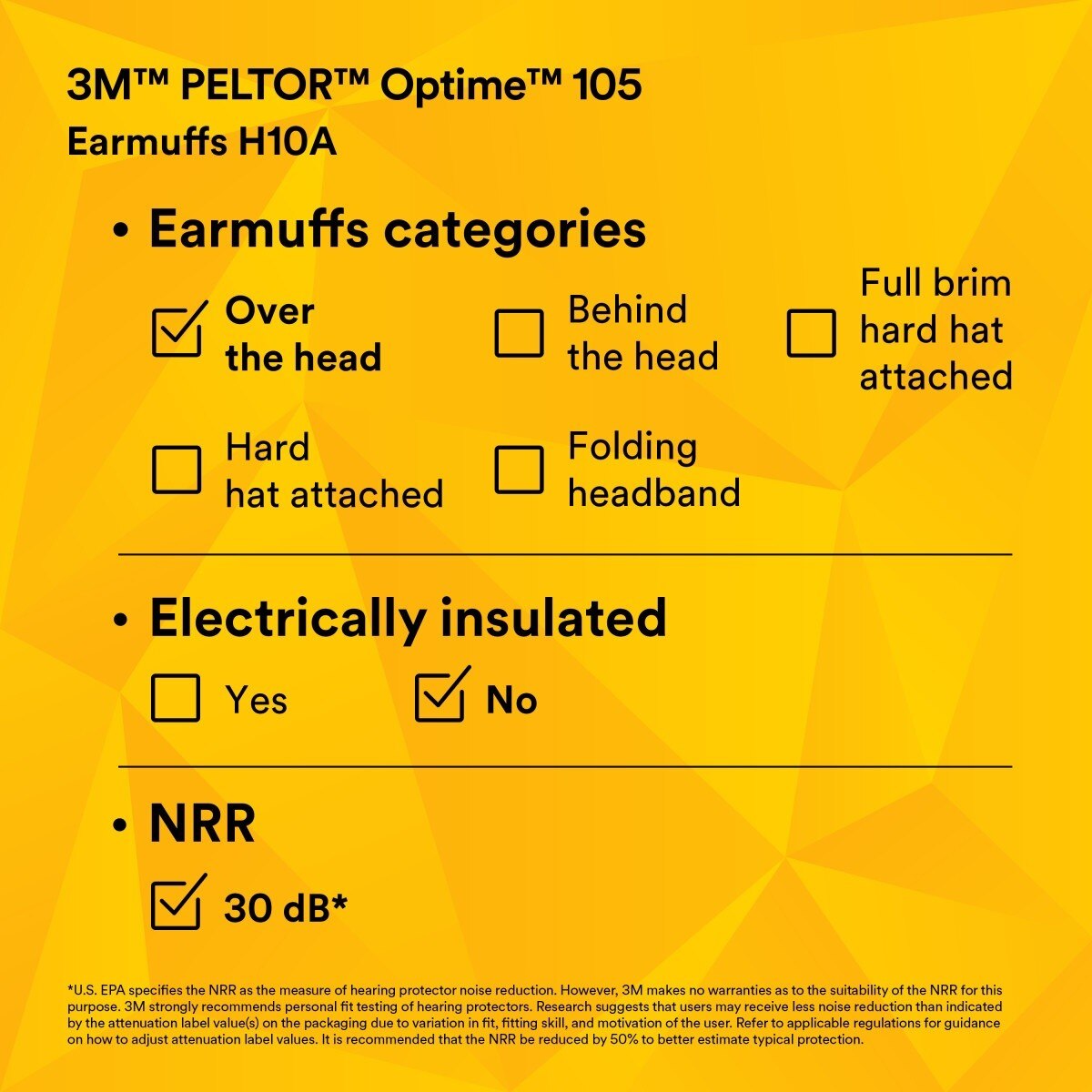 3M 7000009665 PELTOR Optime 105 Over-the-Head Earmuffs, NRR 30 dB (1 Count) (10 Pack) - 9