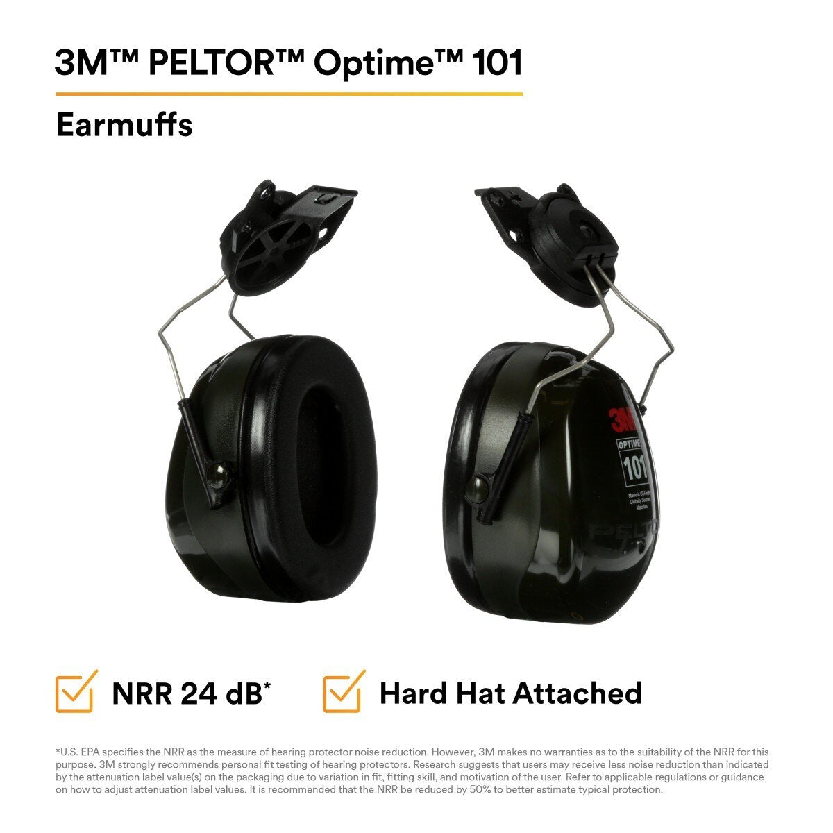3M H7P3E PELTOR Optime 101 Hard Hat Attached Earmuffs 24 dB NRR (7000009668) - 5