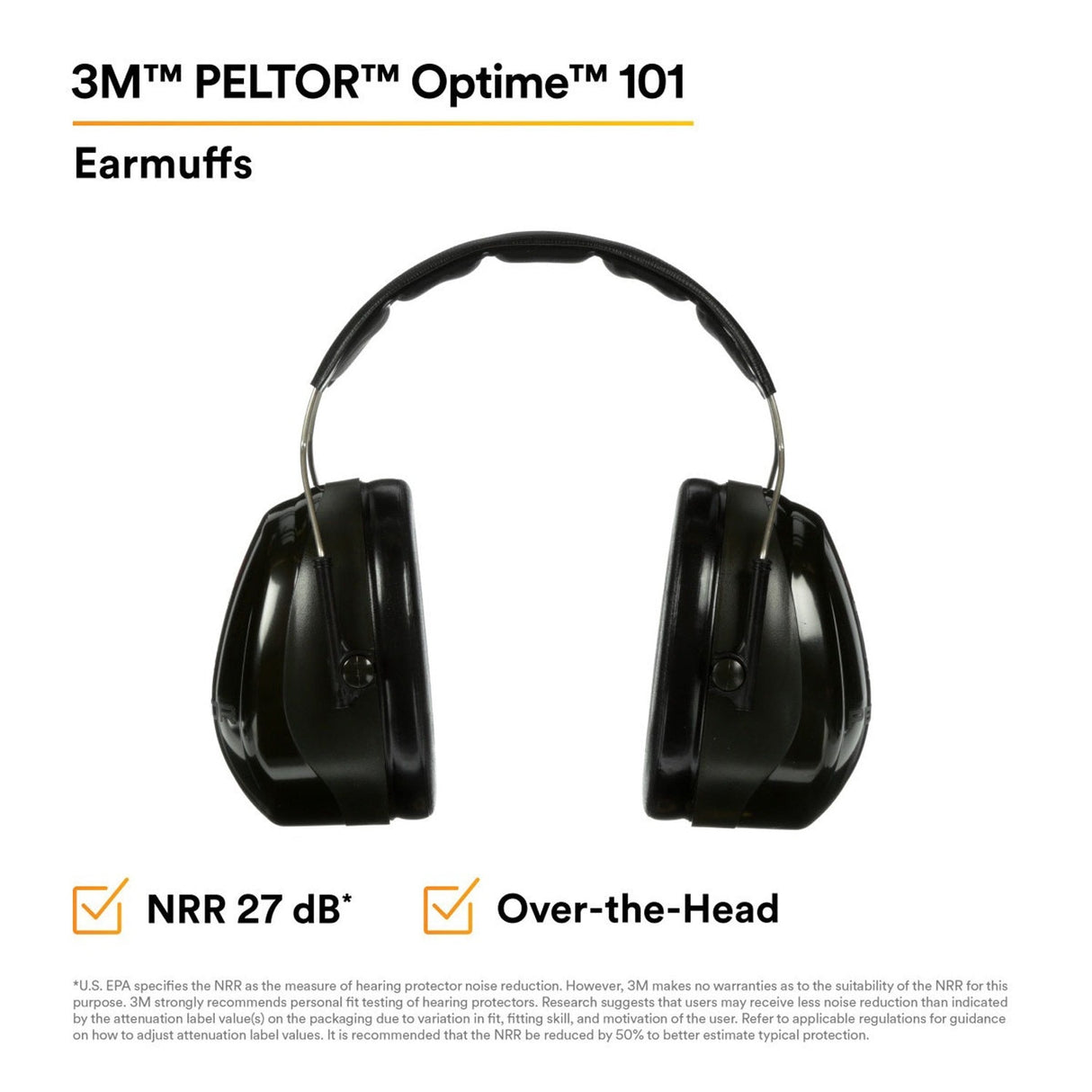 3M 7000009669 PELTOR Optime 101 Over-the-Head Earmuffs 27 dB NRR (1 Pack) (10 Pack) - 5
