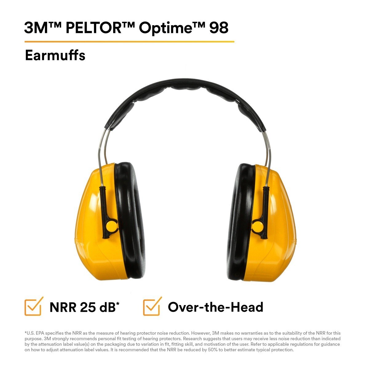 3M H9A 08091 PELTOR Optime 98 Over-the-Head Earmuffs, 25 dB NRR (7000009670) (1 Count) - 7