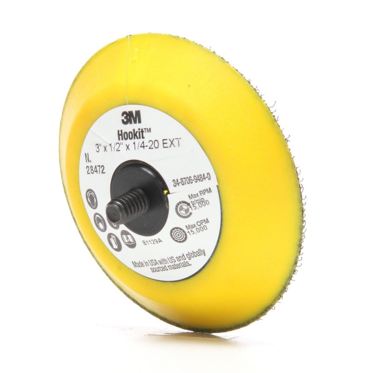 3M 28472 Hookit Disc Pad for Hook and Loop Discs, 3 in x 1/2 in, 1/4-20 External, Yellow (7000028220) (5 Pack) - 3