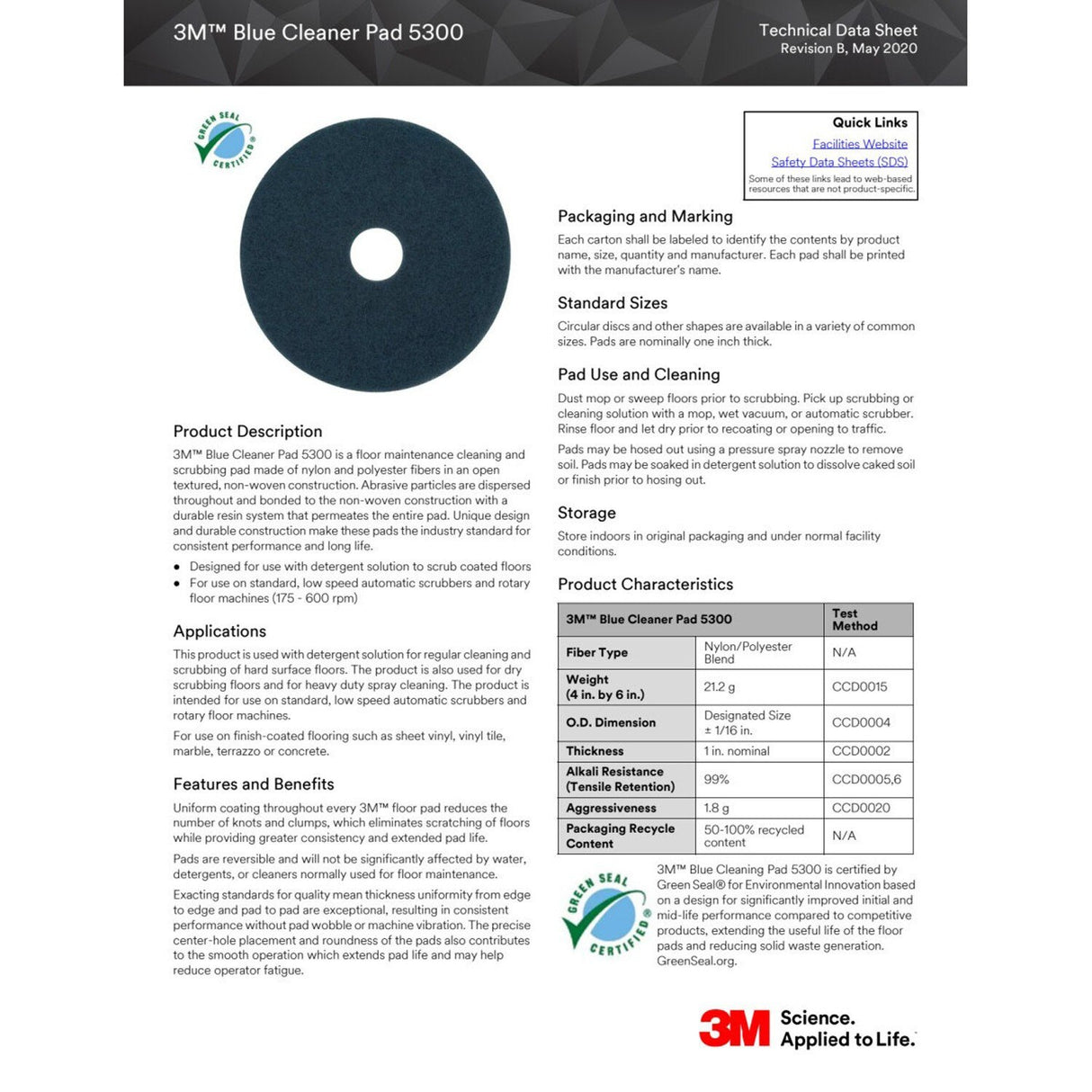 3M 5300 Blue Cleaner Pad, Heavy Duty Scrubbing Floor Pad, Blue, 16 in (7000028444) (5 Pack) - 2