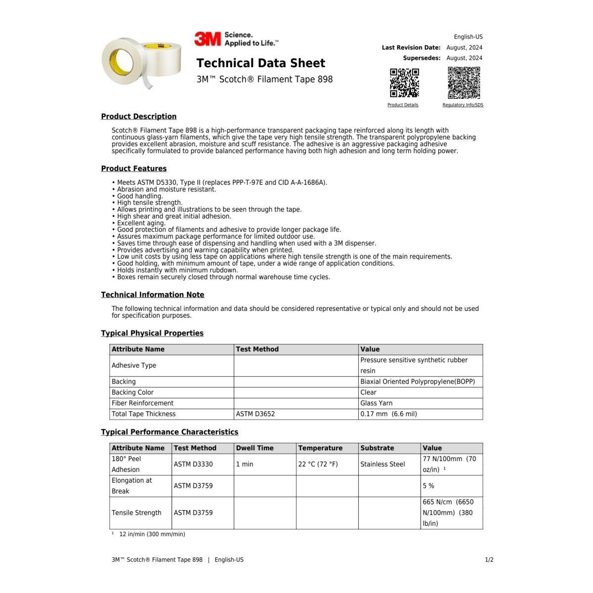 3M 898 Scotch Filament Tape, Clear, 18 mm x 55 m, 6.6 mil (7000028930) (48 Pack) - 4