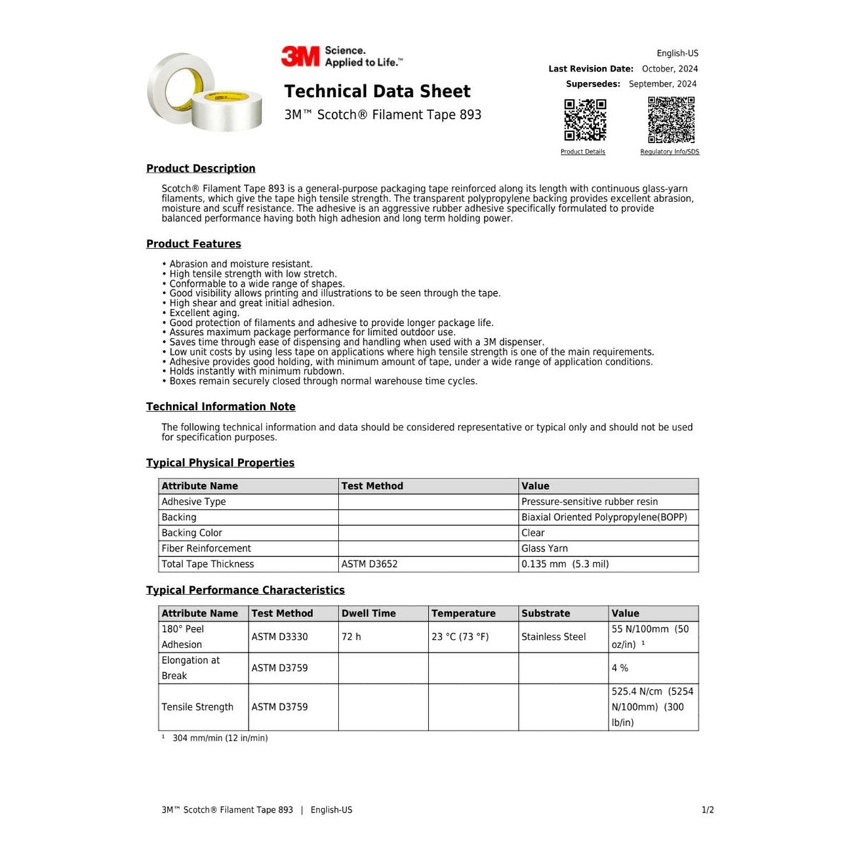 3M 893 Scotch Filament Tape, Clear, 1-7/8 in x 60 yd, 6 mil (7000028932) (24 Pack) - 6