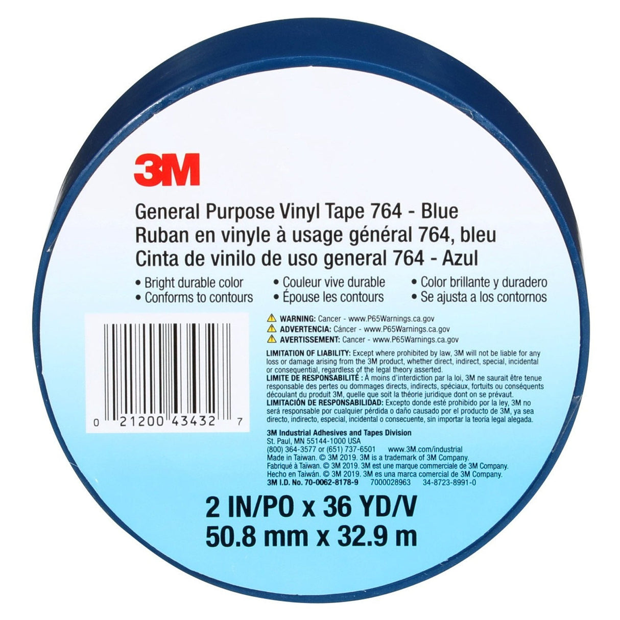 3M 764 General Purpose Vinyl Tape, Blue, 2 in x 36 yd, 5 mil (7000028963) (24 Pack) - 9
