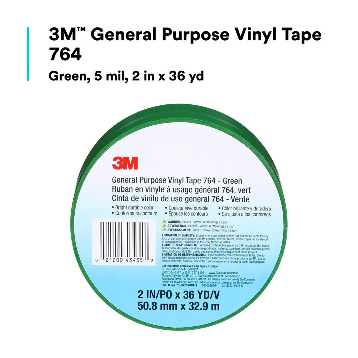 3M 764 General Purpose Vinyl Tape Green 2 in x 36 yd 5 mil Floor Marking Color Coding (7000028964) (24 Pack) - 10