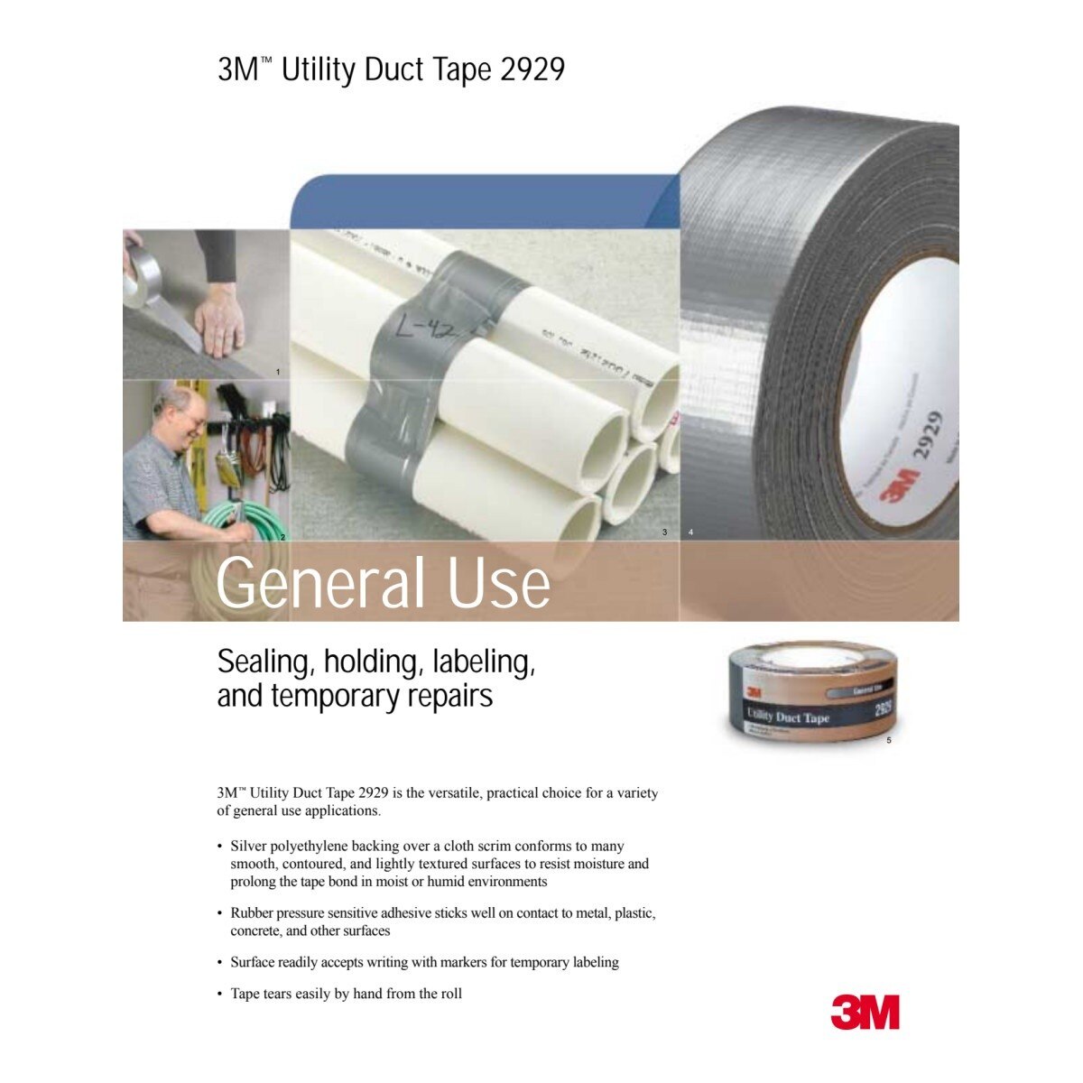 3M 2929 General Use Duct Tape, Silver, 1.88 in x 50 yd, 5.5 mil, Individually Wrapped (7000029030) (24 Pack) - 6