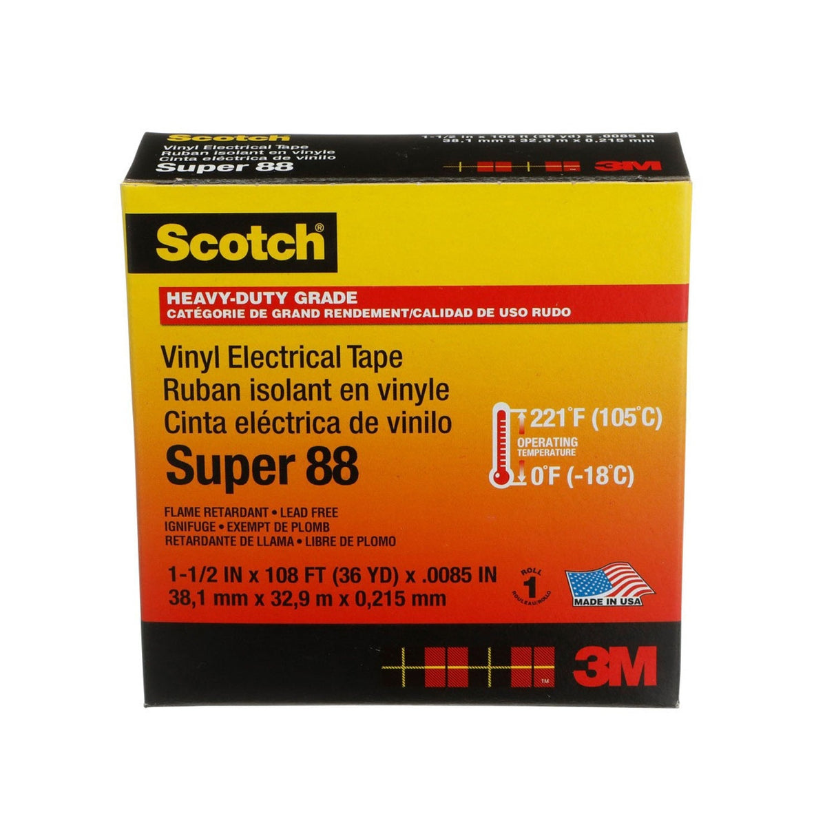 3M Super 88 88-1.5X36YD Scotch Vinyl Electrical Tape, Black, 1-1/2 in x 36 yd, Premium Grade, Rubber Resin Adhesive, PVC Backing, All-Season Heavy Duty Electrical Tape (7000031459) (12 Pack) - 9