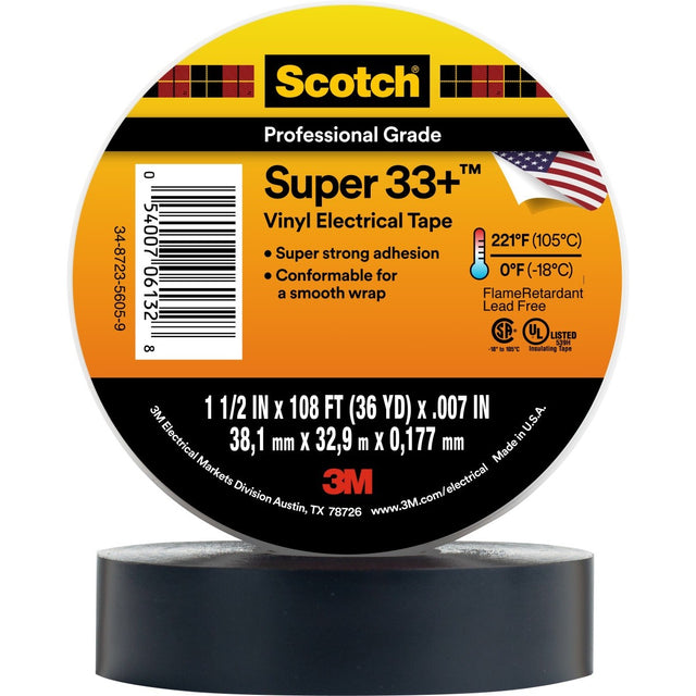 3M 33+-1.5X36YD-1.5 Scotch Super 33+ Vinyl Electrical Tape, Rubber Adhesive, PVC Backing, Black, 1-1/2 in x 36 yd, 1-1/2 in Core (7000031512) (50 Pack)