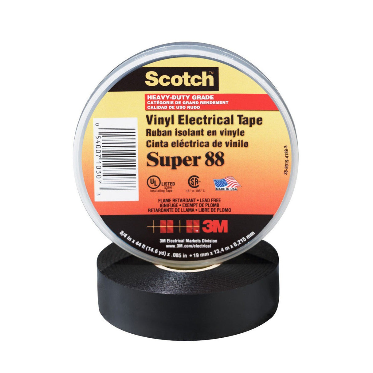 3M 88-3/4X44FT Scotch Vinyl Electrical Tape Super 88, Black, 3/4 in x 44 ft, Premium Grade, Rubber Resin Adhesive, PVC Backing (7000031579)