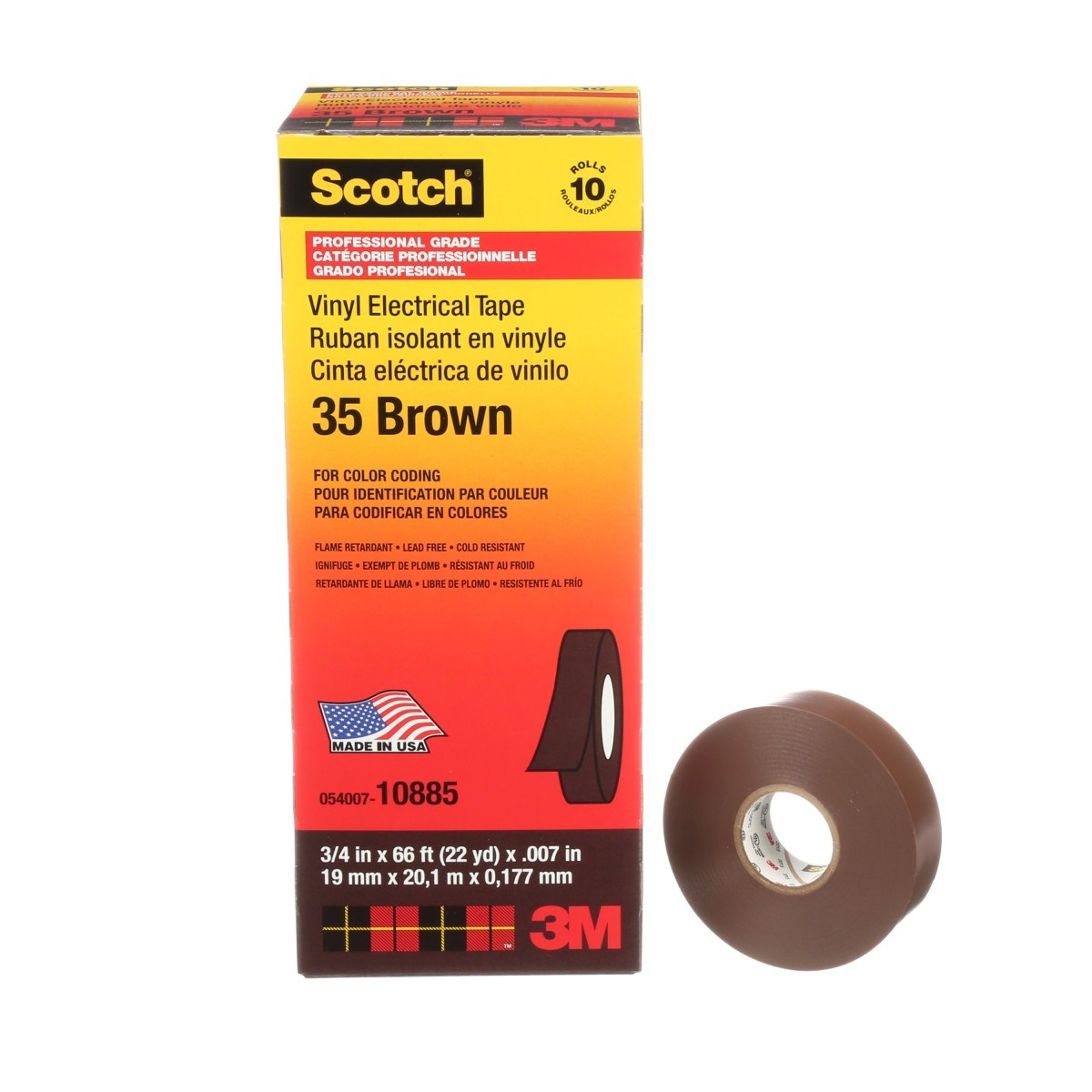 3M 35 Scotch Vinyl Color Coding Electrical Tape, Brown, 3/4 in x 66 ft, 7 mil, Premium Grade, Flame Retardant (35-3/4X66FT-BR) (7000031580) (10 Pack) - 2