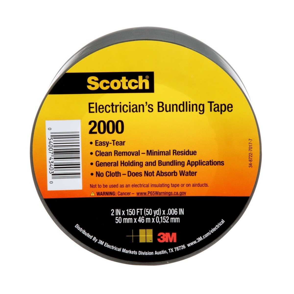 3M Scotch Electricians Duct Tape 2000, Gray, 2 in x 50 yd Roll (2000-2X50YD) (7000031684) (12 Pack)