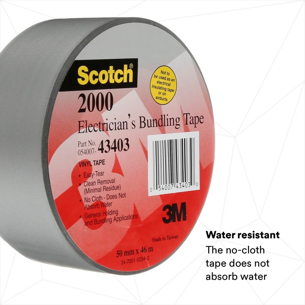 3M Scotch Electricians Duct Tape 2000, Gray, 2 in x 50 yd Roll (2000-2X50YD) (7000031684) (12 Pack) - 2