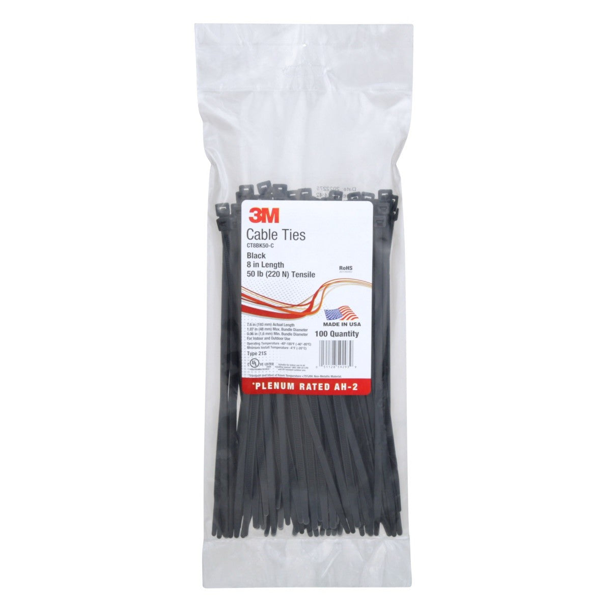 3M CT8BK50-C Cable Tie, Standard Nylon, Black, 8 in, 50 lb Tensile Strength (7000031853) (1000 Pack) - 4