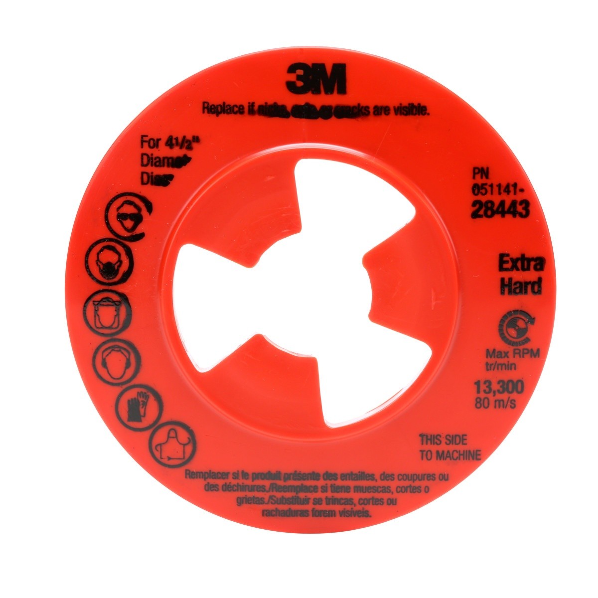 3M 28443 Disc Pad Face Plate Ribbed Extra Hard Density Red 4-1/2 in For High Pressure Grinding Attaches to Disc Pad Hub (7000045279) (10 Pack)