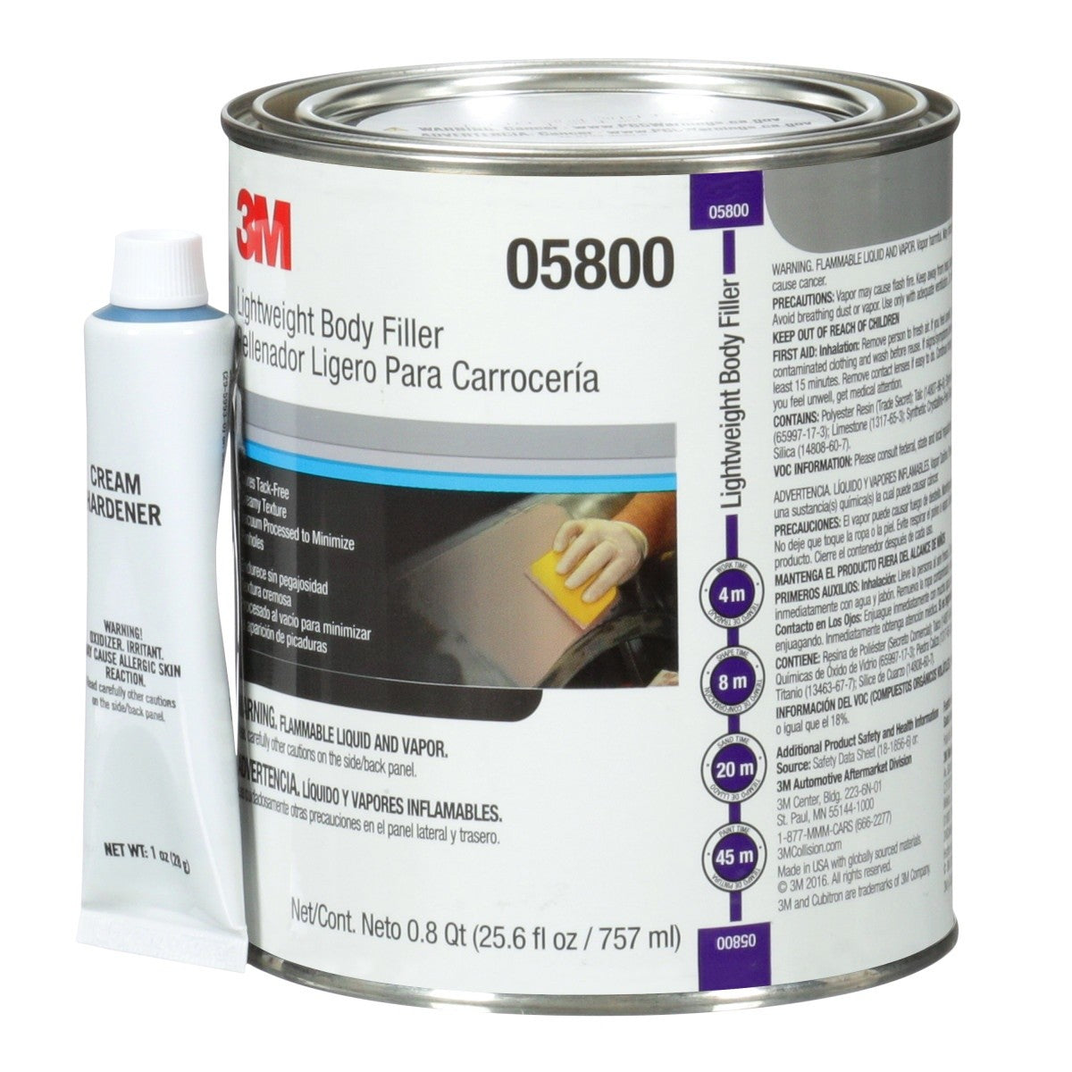 3M 05800 Lightweight Body Filler Blue 0.8 qt 25.6 fl oz Can Repairs Dents with Cream Hardener (7000045749) (6 Pack) - 2