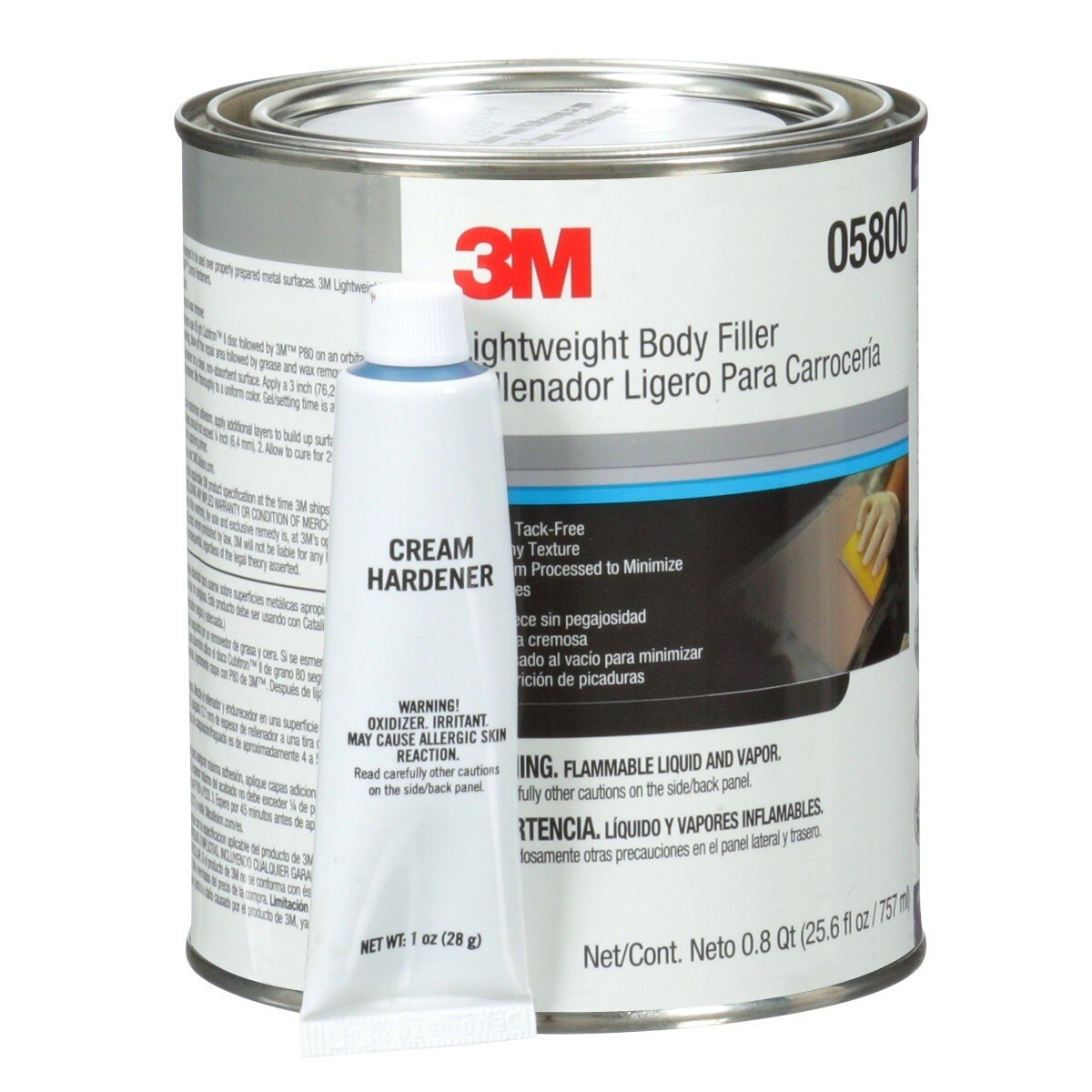 3M 05800 Lightweight Body Filler Blue 0.8 qt 25.6 fl oz Can Repairs Dents with Cream Hardener (7000045749) (6 Pack) - 3