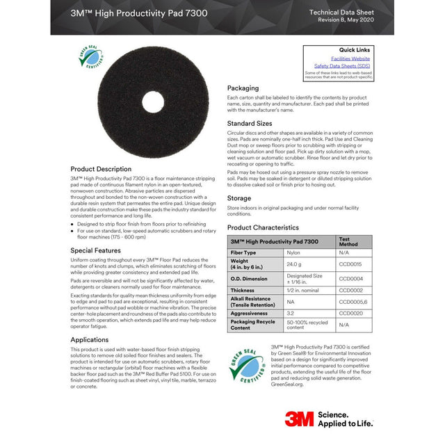 3M 7300 High Productivity Floor Pad, Black, Extra Coarse, 18 in (7000045868) (5 Pack)