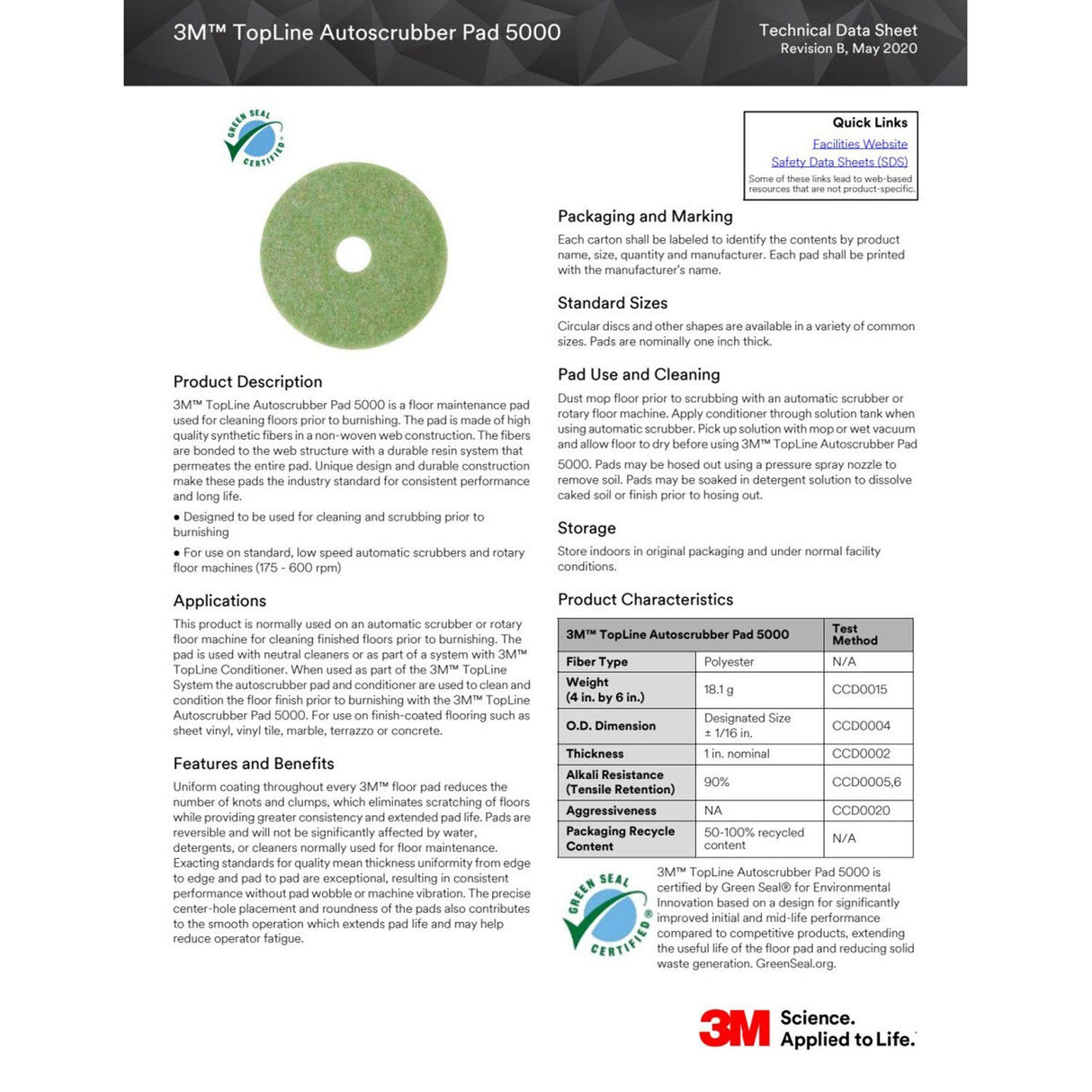 3M 5000 Autoscrubber Pad, Green, 16 in, Center Hole, Medium Grade (7000045998) (5 Pack) - 2