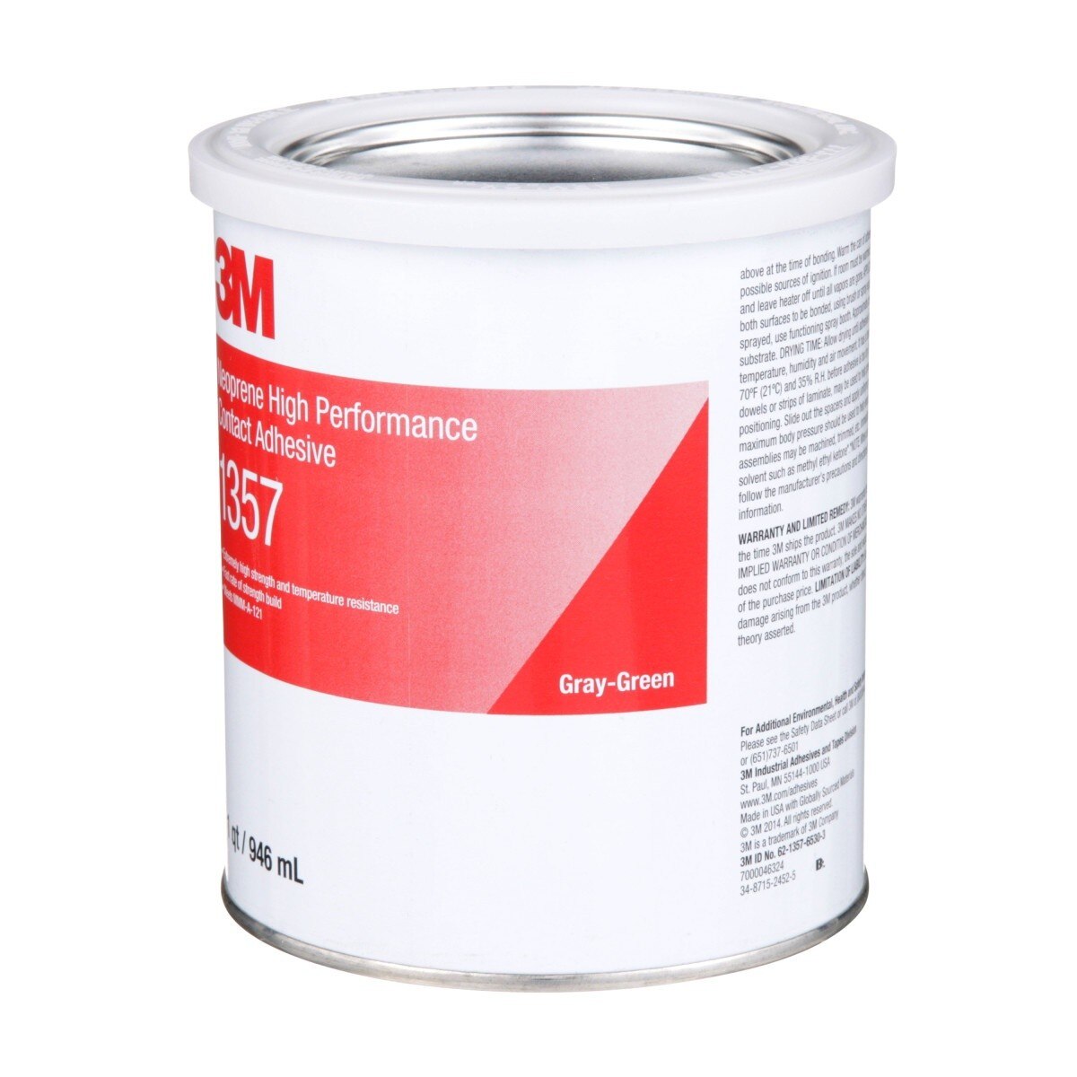 3M 1357 Neoprene High Performance Contact Adhesive, Gray-Green, 1 Quart Can (7000046324) (16284 Pack) - 3