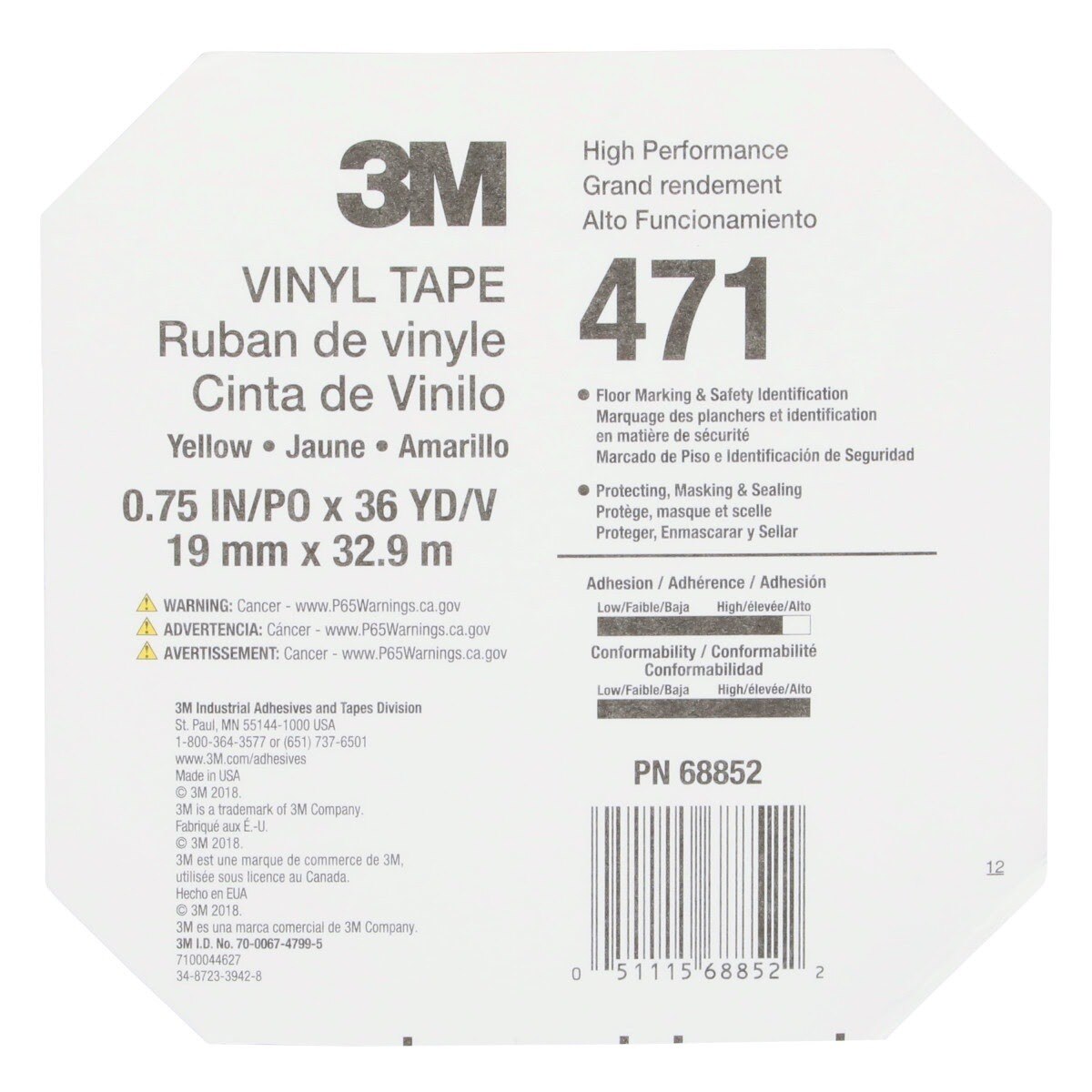 3M 471 Vinyl Tape, Yellow, 3/4 in x 36 yd, 5.2 mil (7000047467) (48 Pack) - 9