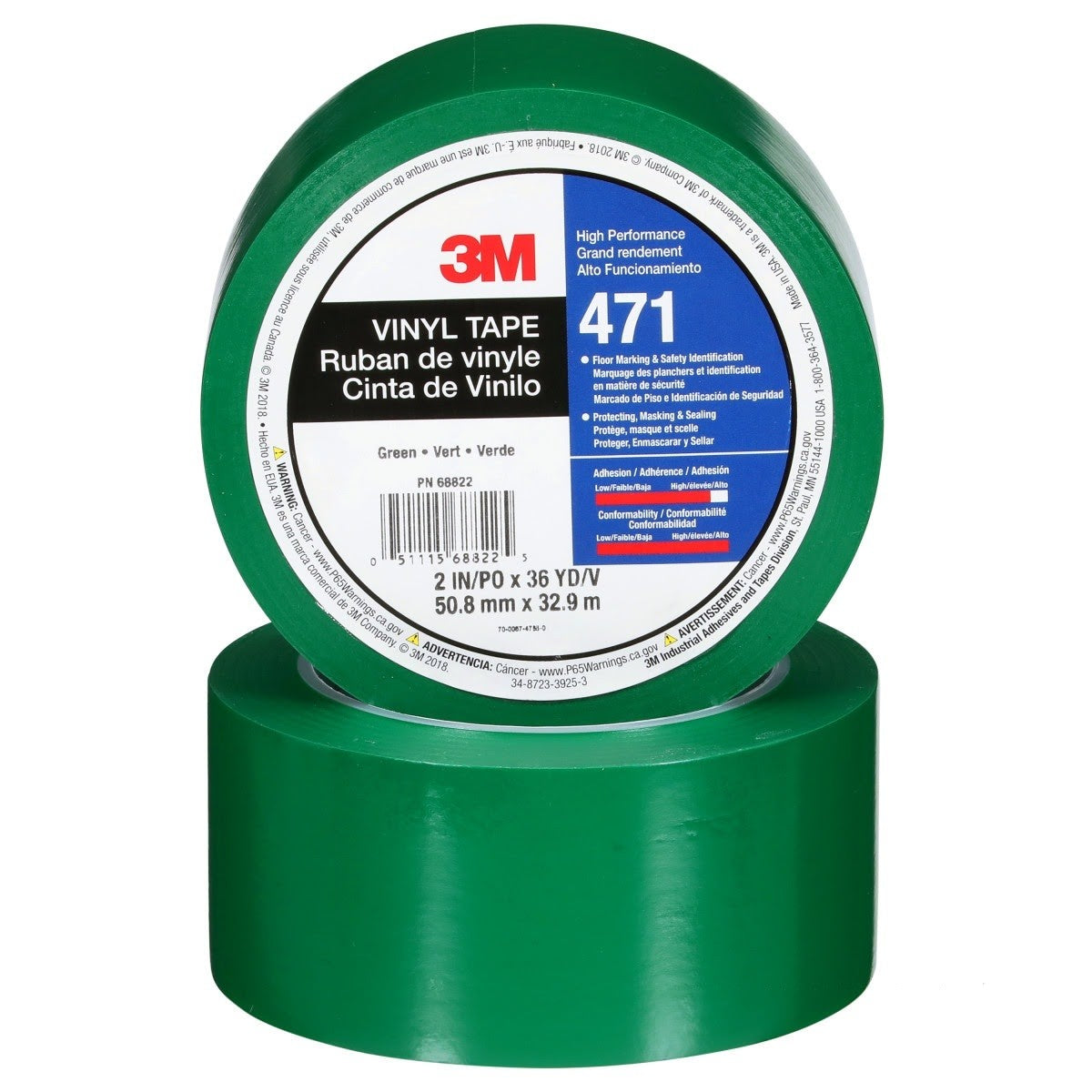 3M 471 6468 Vinyl Tape, Green, 3 in x 36 yd, 5.2 mil (7000047480) (12 Pack) - 6