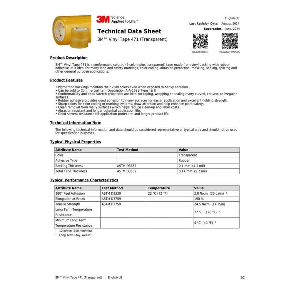 3M 471 Vinyl Tape , 2" x 36 yd 5.2 mil, Transparent (7000048403) (24 Pack) - 5