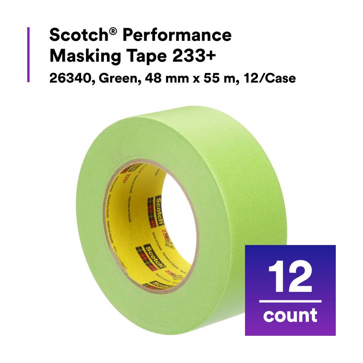 3M 233+ 26340 Scotch Performance Green Masking Tape, 48 mm x 55 m (7000048805) (12 Pack) - 2