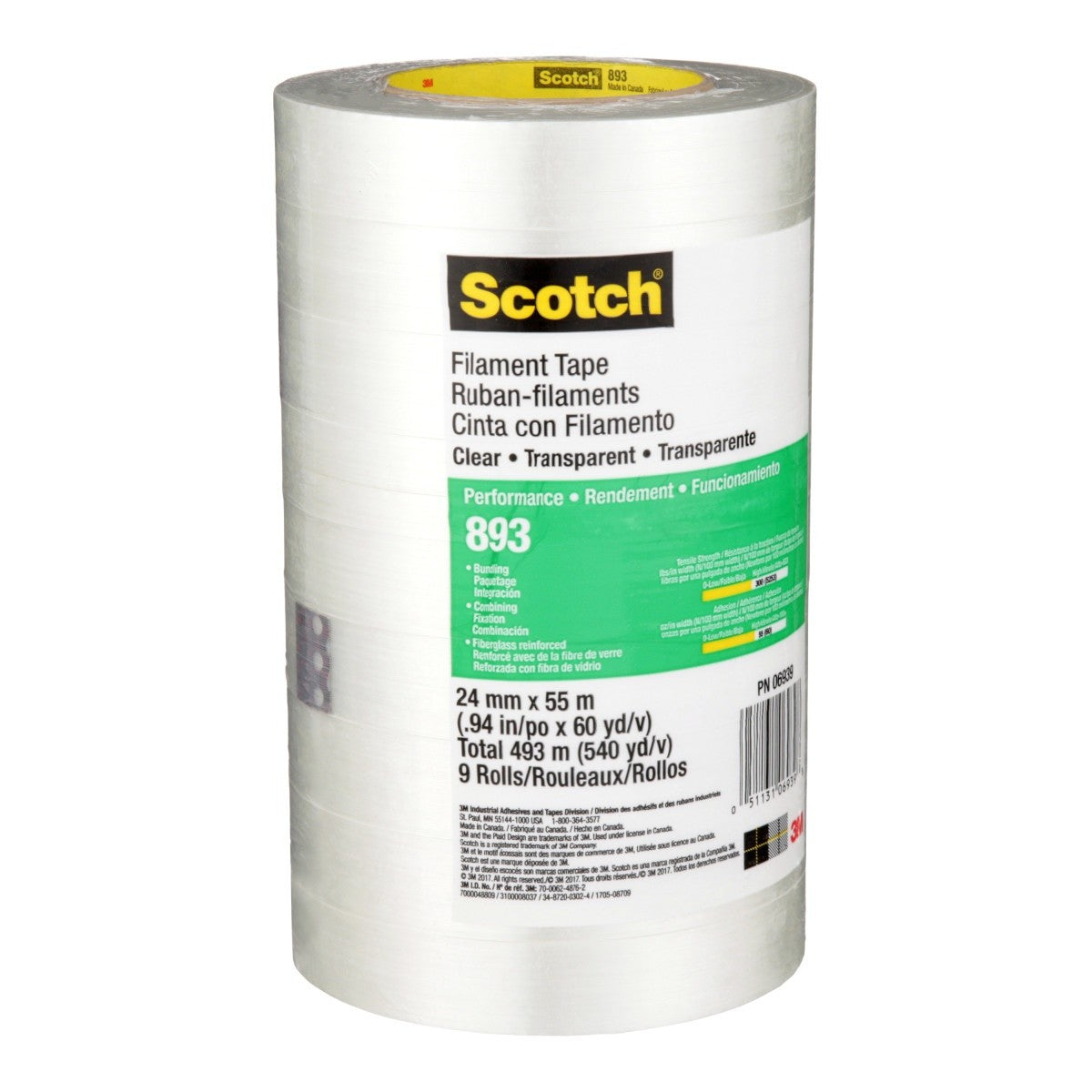 3M 893 Scotch Filament Tape, Clear, 24 mm x 55 m, 6 mil (7000048809) (36 Pack) - 6