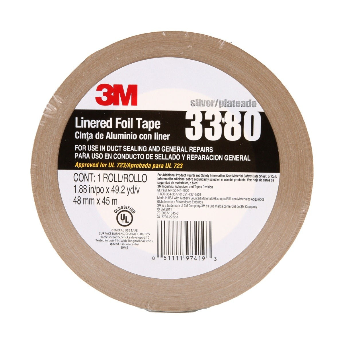 3M 3380 Aluminum Foil Tape, Silver, 48 mm x 45 m, 3.25 mil (7000049613) (24 Pack) - 7