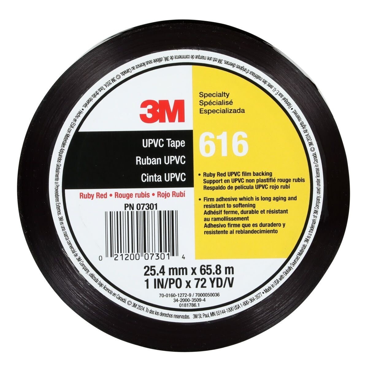 3M UPVC Lithographers Tape, Ruby Red, 1 in x 72 yd, 2.4 mil (616) (7000050036) (144Pack) - 2