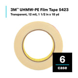 3M UHMW Film Tape, Transparent, 1 1/2 in x 18 yd, 12 mil (5423) (7000050077) (6 Pack) - 2