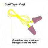 3M P2001 No-Touch Push-to-Fit Earplugs, Corded, NRR 29 dB, Purple, Yellow Vinyl Cord (7000052722) (1 Pair) (400Pack) - 6