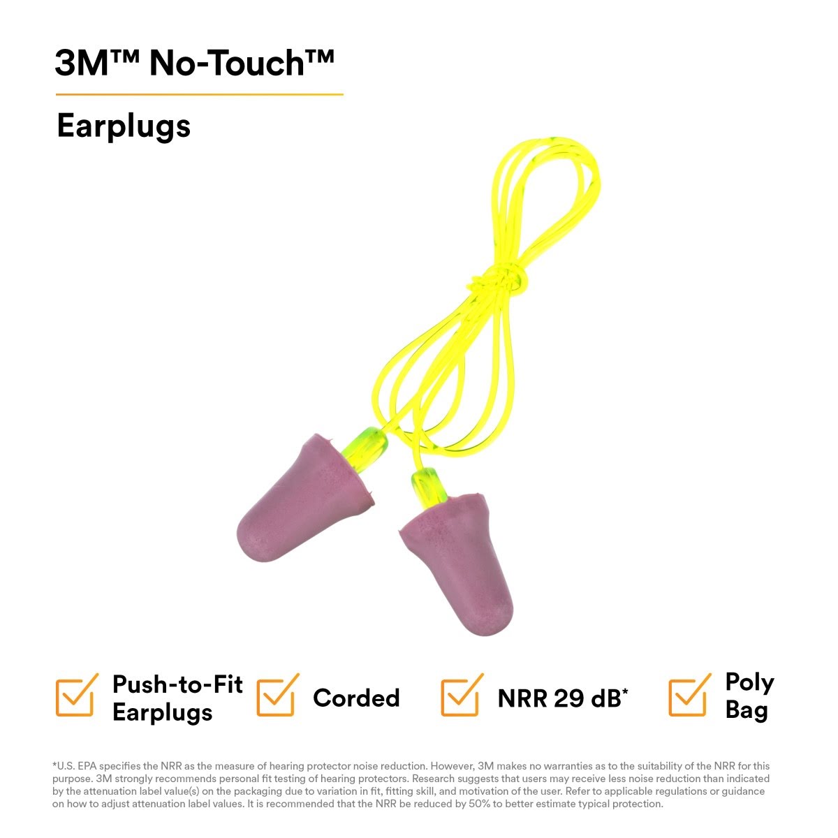 3M P2001 No-Touch Push-to-Fit Earplugs, Corded, NRR 29 dB, Purple, Yellow Vinyl Cord (7000052722) (1 Pair) (400Pack) - 8