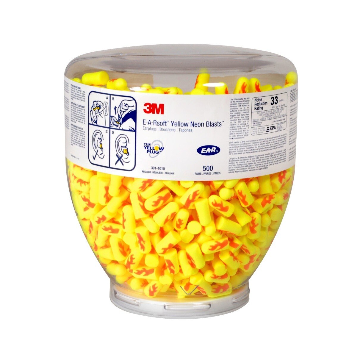 3M 91012 E-A-Rsoft Yellow Neon Blasts One Touch Dispenser Refill Bottle, Uncorded Disposable Foam Earplugs, NRR 33, Regular, Yellow (391-1010) (7000052750) (4 Pack)