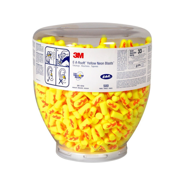 3M 91012 E-A-Rsoft Yellow Neon Blasts One Touch Dispenser Refill Bottle, Uncorded Disposable Foam Earplugs, NRR 33, Regular, Yellow (391-1010) (7000052750) (4 Pack)