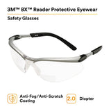 3M BX Reader Safety Glasses with +2.0 Diopter, ANSI Z87, Anti-Fog Anti-Scratch Clear Lens, Silver Frame, Adjustable Temples and Lens Angle (11375-00000-20) (7000052794) (1 Pair) (20 Pack) - 5