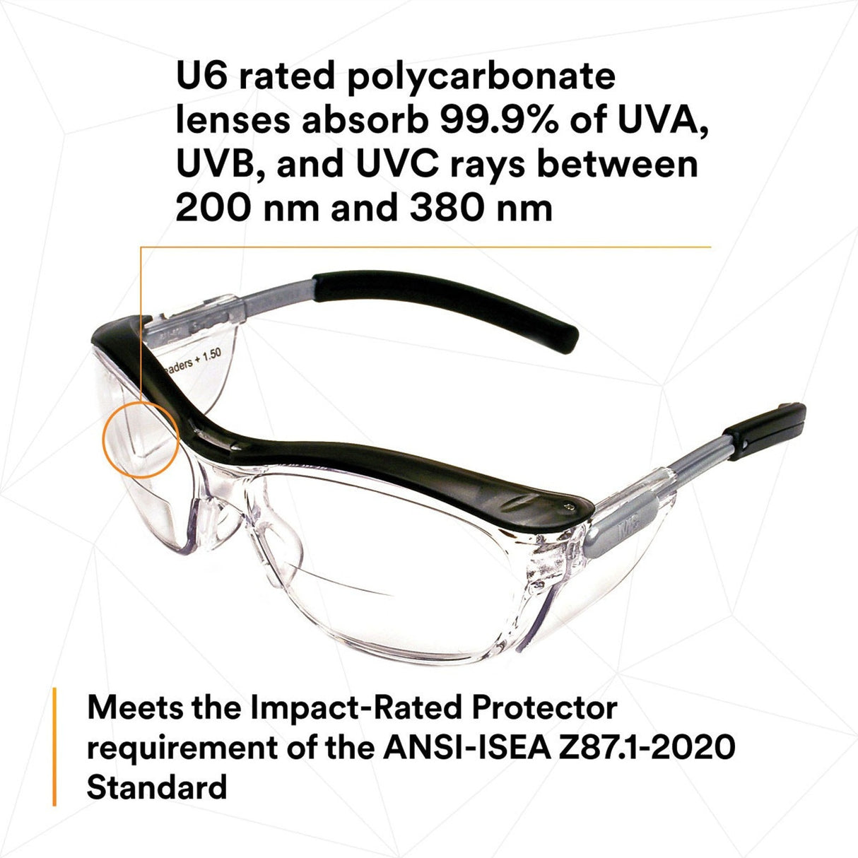 3M 11434-00000-20 Safety Glasses with Readers, Nuvo Protective Eyewear, +1.5 Diopter, Clear Lens, Retro Gray Frame, Soft Nose Bridge, Side Shields, ANSI Z87.1 (7000052797) (20 Pack) - 8