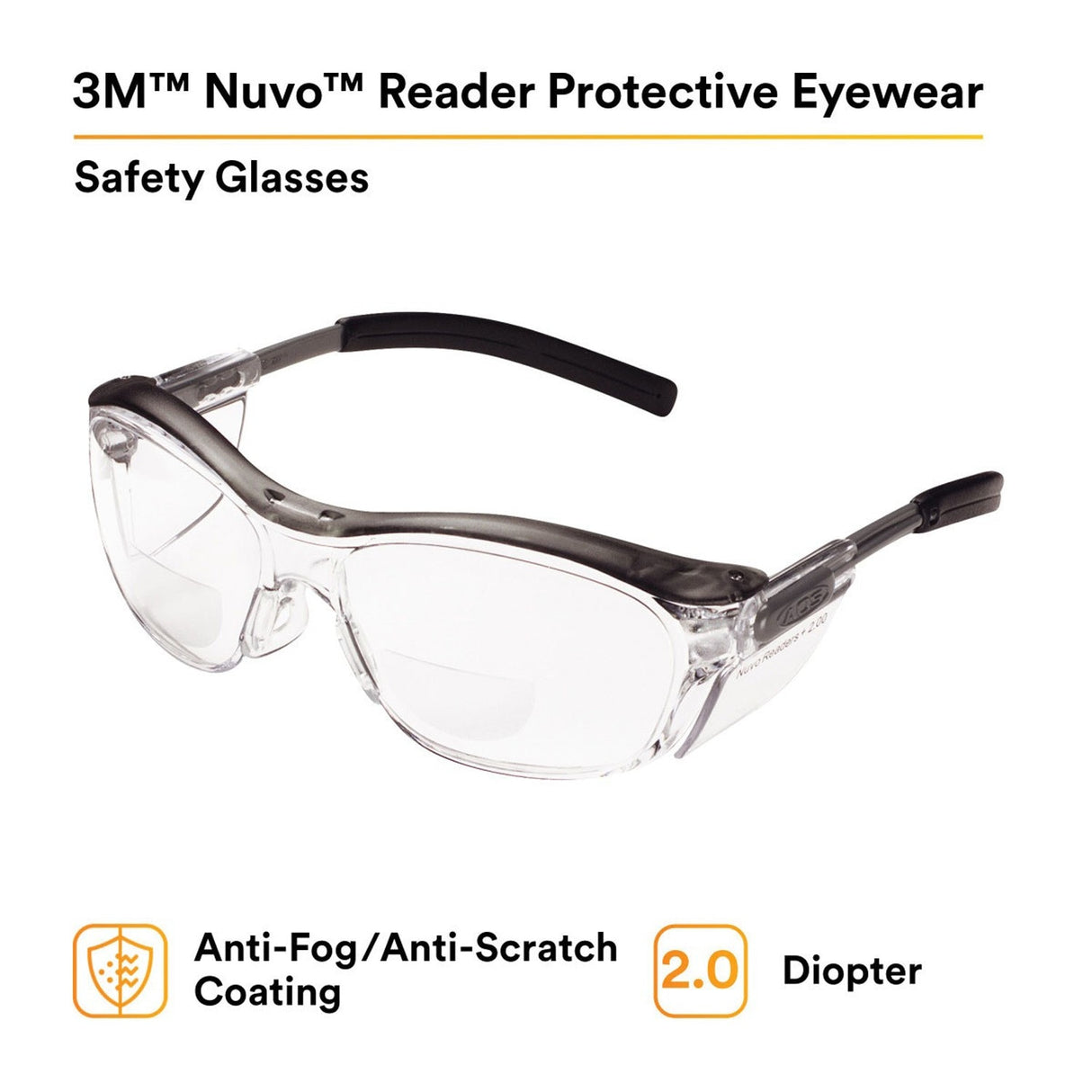 3M 11435-00000-20 Nuvo Reader Safety Glasses, 2.0 Diopter, Clear Lens, Gray Half-Frame, Side Shields, ANSI Z87.1 (7000052798) (20 Pack) - 2