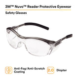 3M 11435-00000-20 Nuvo Reader Safety Glasses, 2.0 Diopter, Clear Lens, Gray Half-Frame, Side Shields, ANSI Z87.1 (7000052798) (20 Pack) - 2