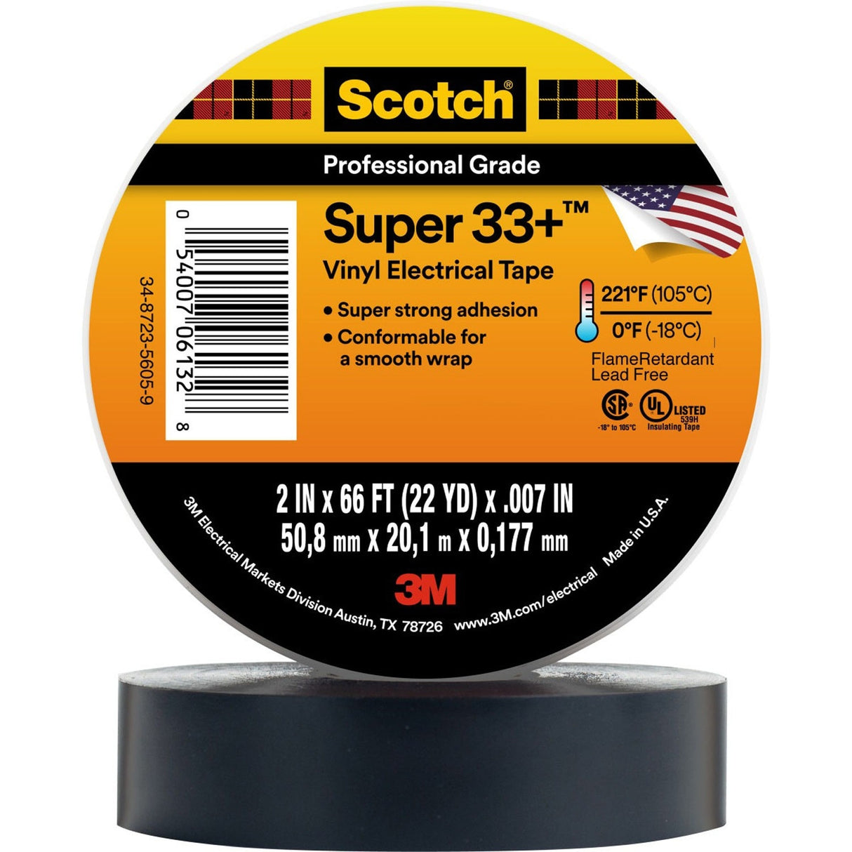 3M 33+-2X66FT-1.5 Scotch Super 33+ Vinyl Electrical Tape, Black, 2 in x 66 ft, 1-1/2 in Core (7000058137) (24 Pack) - 2