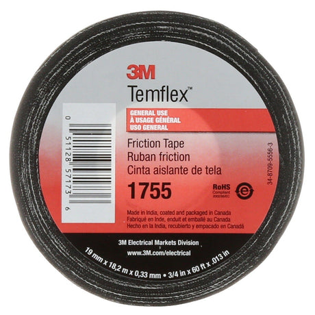 3M 1755 1755-3/4X60FT Temflex Cotton Friction Tape, Black, 3/4 in x 60 ft (7000058870)