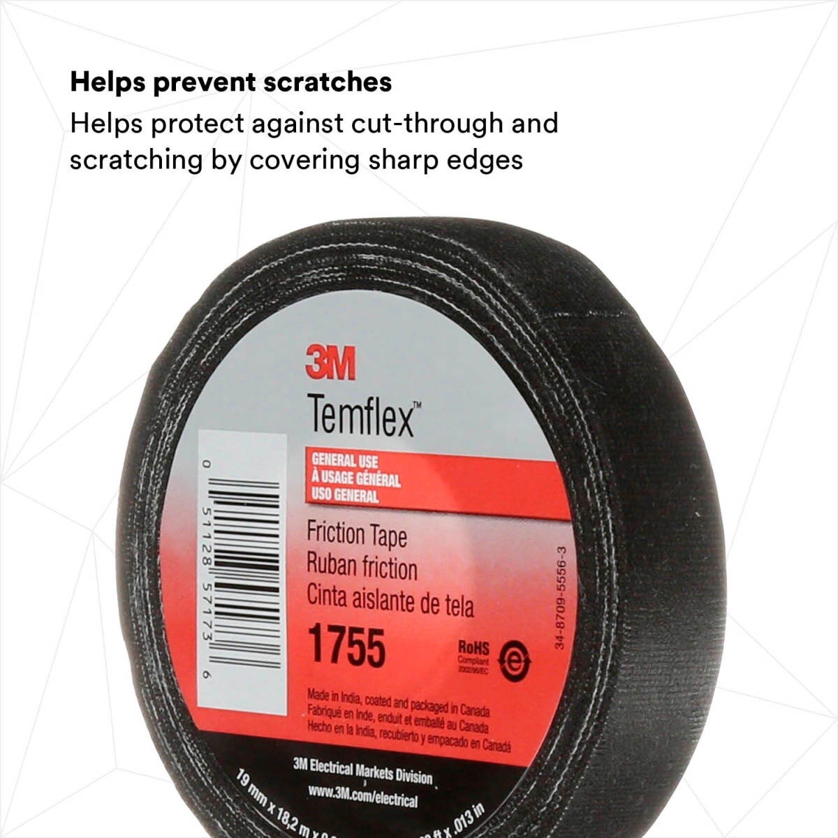 3M 1755 1755-3/4X60FT Temflex Cotton Friction Tape, Black, 3/4 in x 60 ft (7000058870) - 4